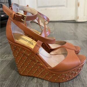 Michael Kors 8.5 Leather Platform Wedge Sandals Studded MK Logo Brown